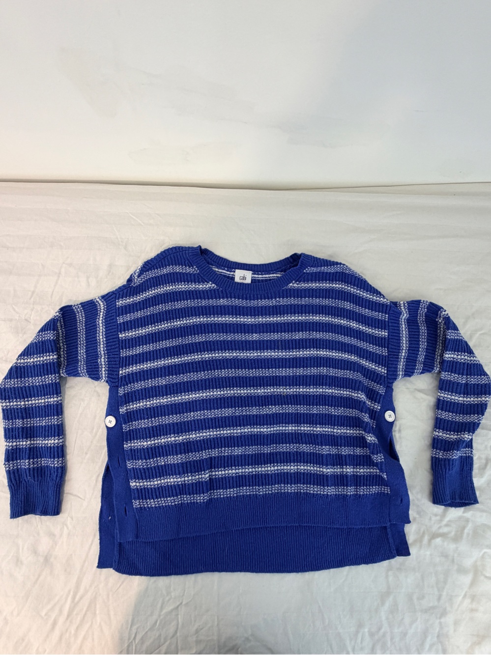 CABI Blue striped “ popular pullover” button sides M